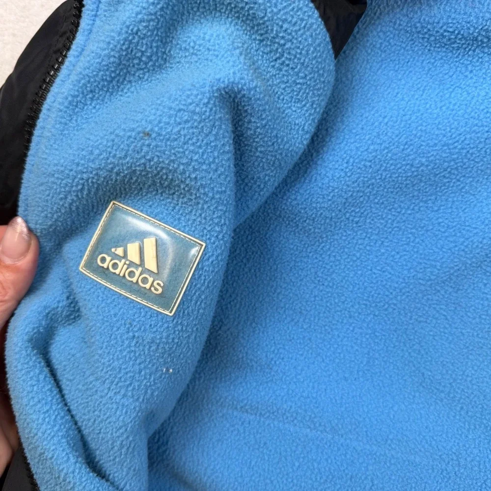 Vtg 90s Adidas Black Blue Fleece reversible Hooded Windbreaker Jacket Mens Large